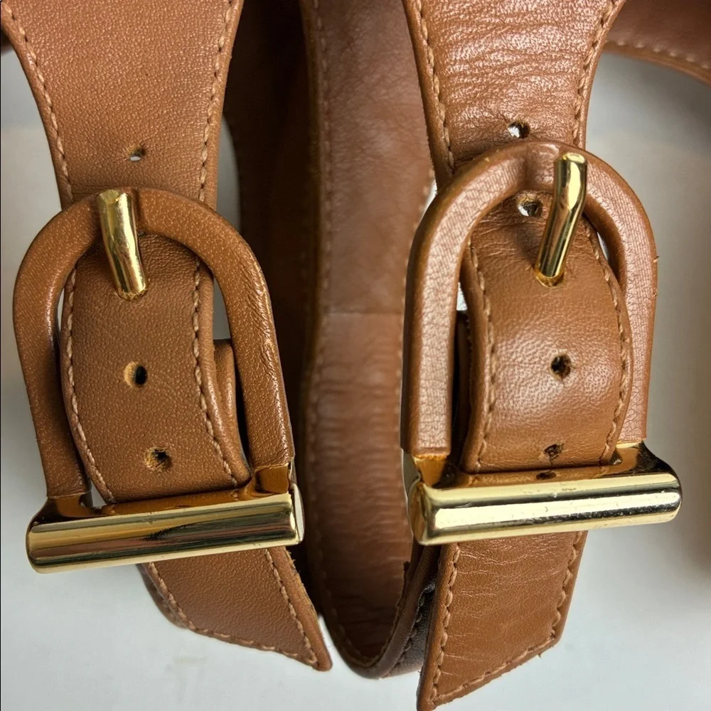 Tory Burch Grove Open Toe Bootie Sz 5 Royal Tan Wood Detail Heel Designer Luxury